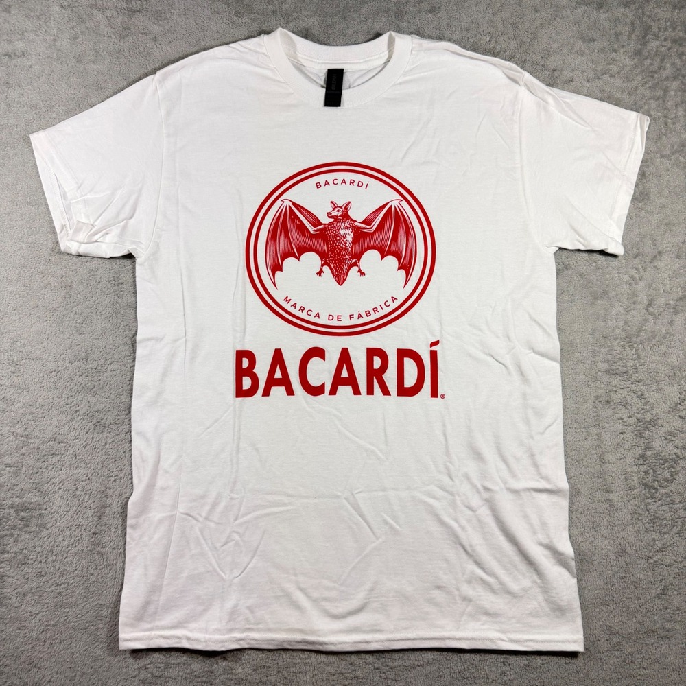 Bacardi Graphic T-Shirt Mens Medium White Red Bat Logo Heavy Cotton Tee